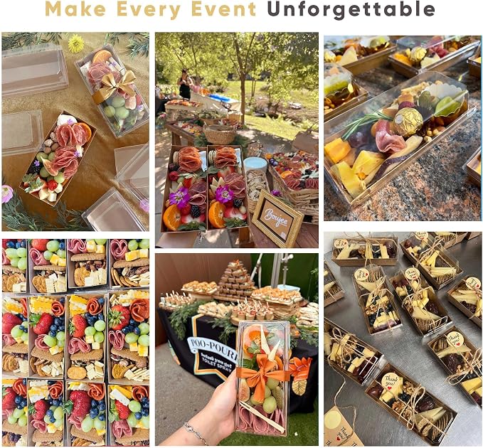 50 Pack 7.5x3.3 Inches Small Charcuterie Boxes with Clear Lids - To Go Paper Mini Treat Box, Charcuterie Boards Accessories, Dessert Boxes, Cookie, Cake Slice, Chocolate Strawberry, Donut (Brown)