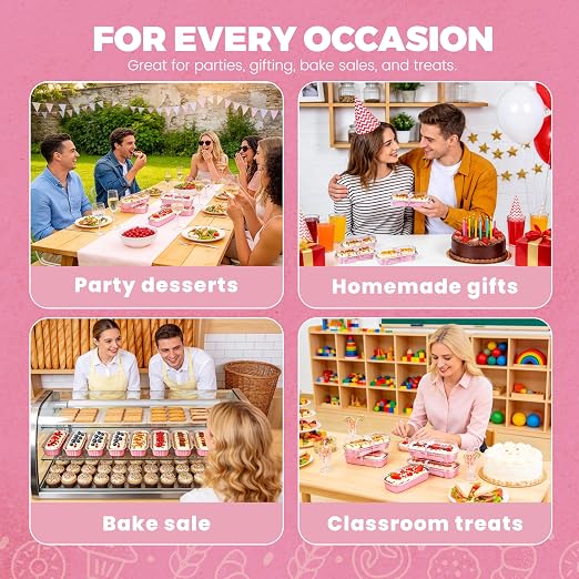 NPLUX Mini Cake Pans with Lids, Spoons and Stickers, 200 Pack 6.8 oz Pink Disposable Aluminum Foil Baking Pans, Rectangular Mini Loaf Containers for Brownies, Cheesecake, Banana Bread and Bake Sale