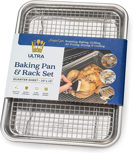 Ultra Cuisine Quarter Sheet Pan with Wire Rack Set - Includes Premium Aluminum Baking Sheet with 100% Stainless Steel Baking Rack, Cookie Cooling Racks with 1/4 Pan Commercial Quality
