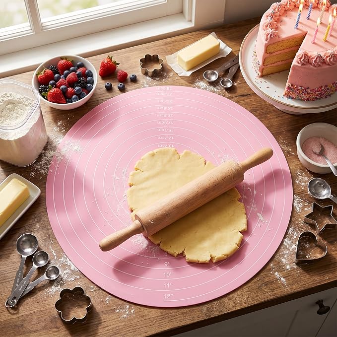 Baking Mat Round Silicone Pastry Mat, Nonslip Sheet Mat with Measurement, Nonstick Dough Rolling Mat Food Grade Silicone Counter Mat for Making Cakes Cookies Macarons Bread and Pastry