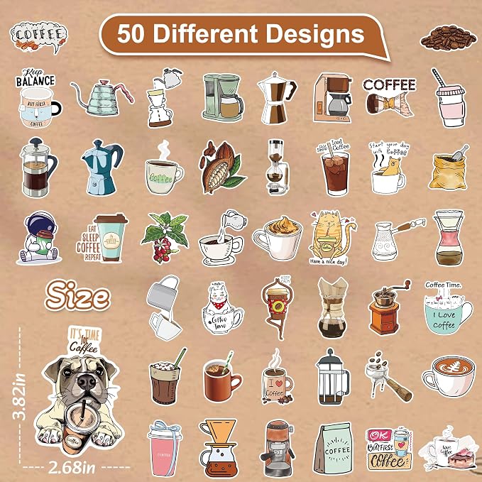 50 Pcs Coffee Stickers for Scrapbooking, Waterproof Vinyl Cafe Latte Espresso Aesthetic Stickers for Laptops Water Bottles Journals, Decorative Decals for Teens Students Adults
