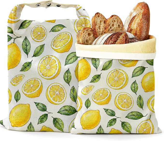 2 Pack Beeswax Linen Lemon Slices Bread Bags, Green Leaves Reusable Fresh Keeping Bags for Sourdough & Baguette, Freezable Portable Bread Storage Container 17×13''