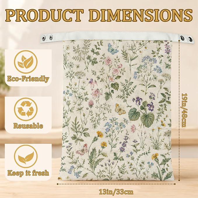 2 Pack Beeswax Butterfly Floral Bread Bags for Sourdough, Reusable Linen Meadow Botanical Bread Bag 17x13'' Food Storage Cloth Bag Freezer-Friendly & Freshness Preservation