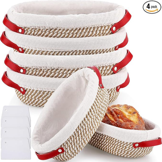 Gejoy 4 Pcs 10 Inch Cotton Rope Banneton Bread Proofing Basket Set Oval Bread Baskets with Liners & Covers Proofing Baskets for Sourdough Baking with 4 Strickle for Home Bakers Wife Mom(Yellow, White)
