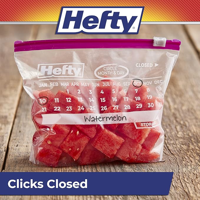 Hefty Calendar Slider Quart Storage Bags, 40 Count (Pack of 4), Quart Slider Bags with Calendar Dates, Holds Raw Meat, Cheese, Fruits, Veggies, and More, Secure Zip and Click Closure, 160 Bags
