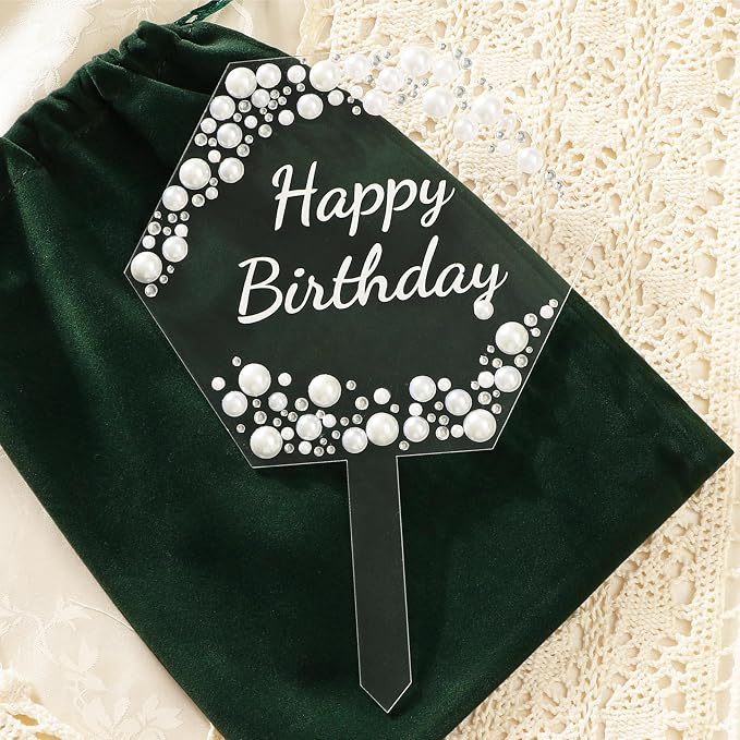 Coucoland Birthday Cake Topper - Hexagon Acrylic Cake Decor with Sparkling Rhinestones and Pearls for Party Supplies