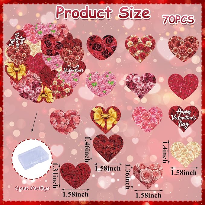 56PCS Edible Floral Heart Cupcake Toppers Wafer Paper Roses Heart Cupcake Picks Happy Valentine’s Day Cake Decor for Valentine's Day Theme Engagement Party Supplies