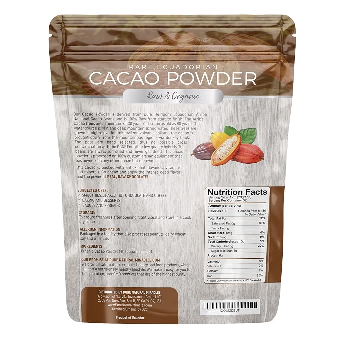Pure Natural Miracles Cacao Powder - Organic, Raw, Unsweetened, Sugar Free Cocoa - Wild Chocolate Flavor - Perfect for Smoothies and Baking - 2 lb
