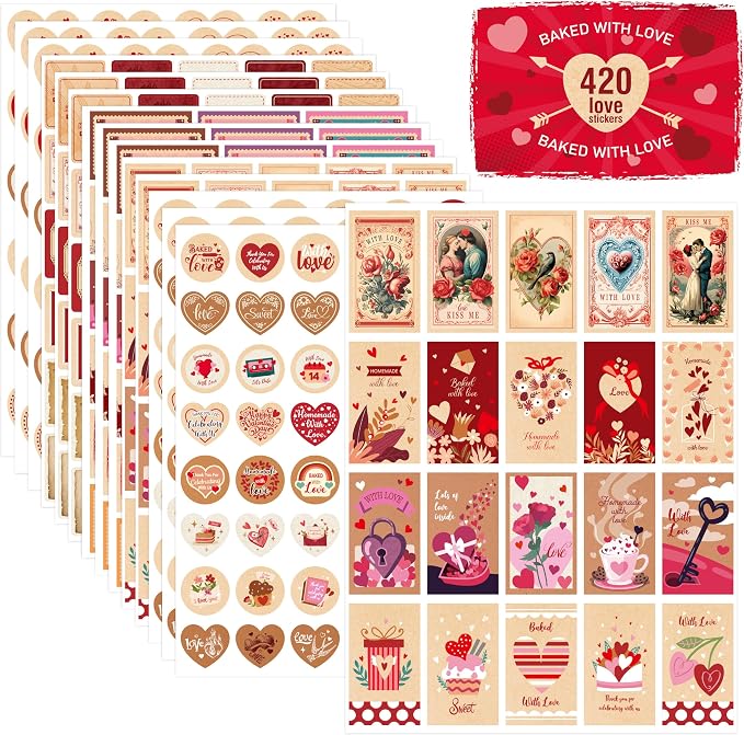 420 PCS Kraft Valentine Stickers, Vibrant Heart Stickers Self-Adhesive Love Decoration Labels, Use for Couple, Valentine's Day, Gifts, Wedding, Anniversary, Scrapbook Decors (15 Sheets)