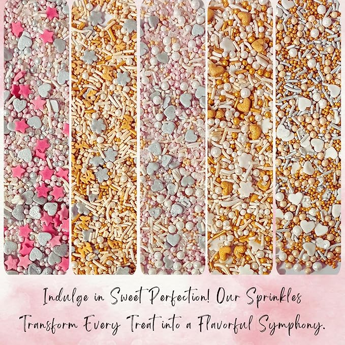 Confect Gold, silver and white Pearl Sprinkles | Sprinkles for Baking, Cookie & Cake Decorative | Valentines Edible sprinkle Mix Pack of 5 -Vegan, Gluten-Free, Nut-Free, Soy-Free, Dairy-Free, Palm Oil-Free -5 Oz