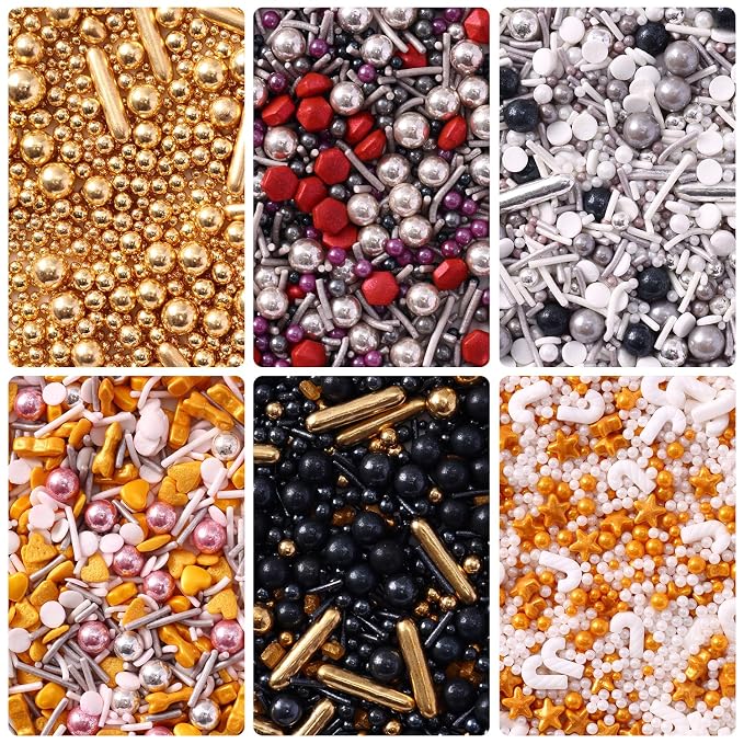 Sprinkles for Cake Decorating, Cupcake, Cookies, Ice Cream Topper, 6 Packs Gold Pearls, Silver Luxury of assorted Sprinkles for Cake Baking, Perfect For Birthdays, Wedding