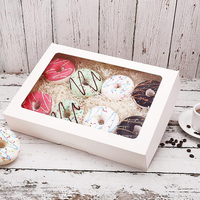 RIFMEAE Cookie Boxes, 14" x 10" x 2.5" White Bakery Boxes with Window, Auto-Popup Treat Boxes, Pastry Boxes for Cookies, Donuts, Muffins and Strawberries [ Pack of 15 ]