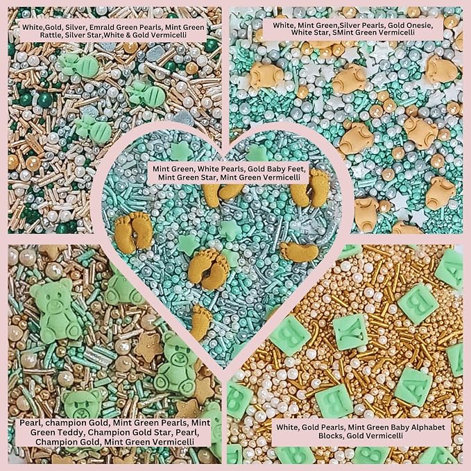 Confect Neutral Baby Shower Sprinkles | Gender Reveal Sprinkles | Birthday Assorted Pack Of 5 Mix Edible Heart, Teddy Bear & Gold Baby Feet Sprinkle | Vegan, Gluten-Free, Nut-Free, Soy-Free, Dairy-Free, Palm Oil-Free - 5 Oz