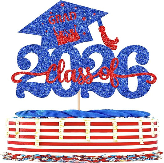 1 Pack Class of 2026 Cake Topper Glitter Congrats Grad Cap 2026 Graduation Cake Pick Decoration for 2026 Graduation Theme High School Graduate Party Cake Decorations Supplies Blue Red