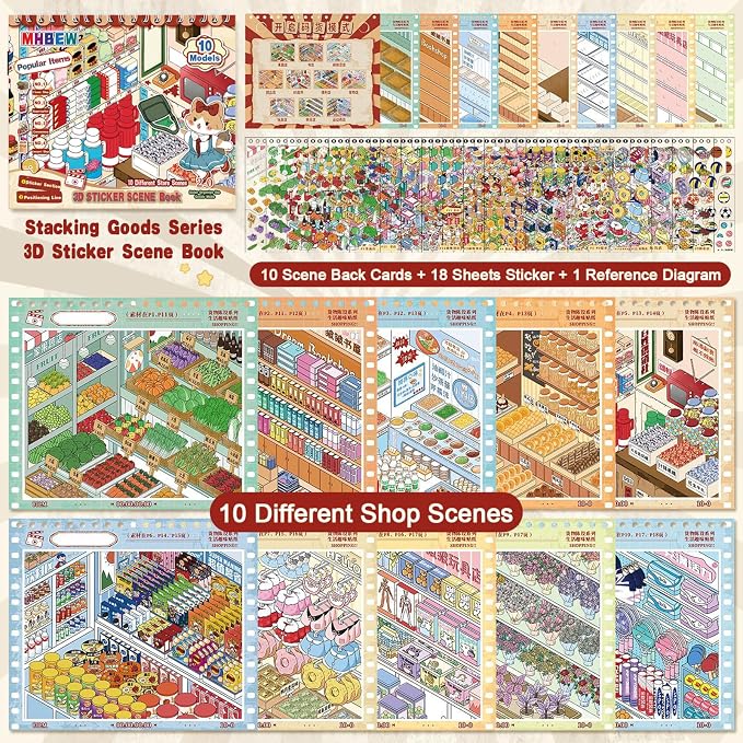 10 Sets Big DIY 3D Sticker Scene Book for Kids Adults Make Your Own Shop House Stickers for Gifts Stickers Therapy for Adult Relief Stress Pass The Time Supermarket Bakery Toy Cosmetics Store