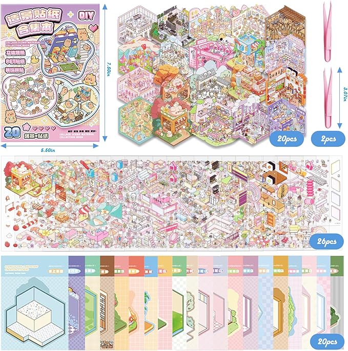 20 Sets DIY 3D Sticker Scene Collection Book DIY 3D House Stickers Make Your Own Sticker Therapy Cute Cartoon Stickers Scenes for Relief Stress Pass The Time