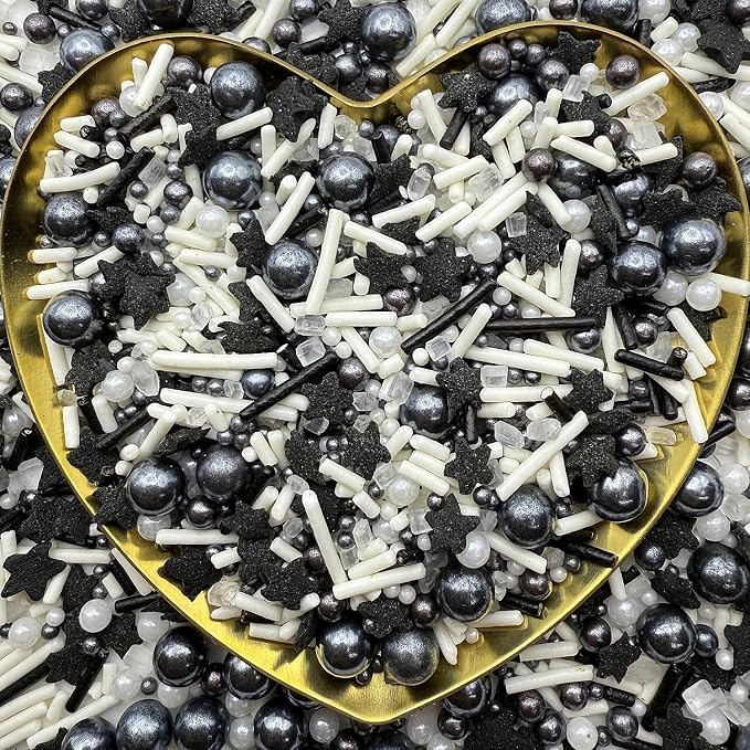 CandiJumpin Black and White Pearl Sprinkles, Edible Pearls and Jimmies Mix Black White Sprinkles Crunchy Jimmies Star Confetti Edible Pearls for Cake Decorating Pearl Decoration for Baking Baby Shower Party Birthday Wedding Christmas Supplies 3 OZ