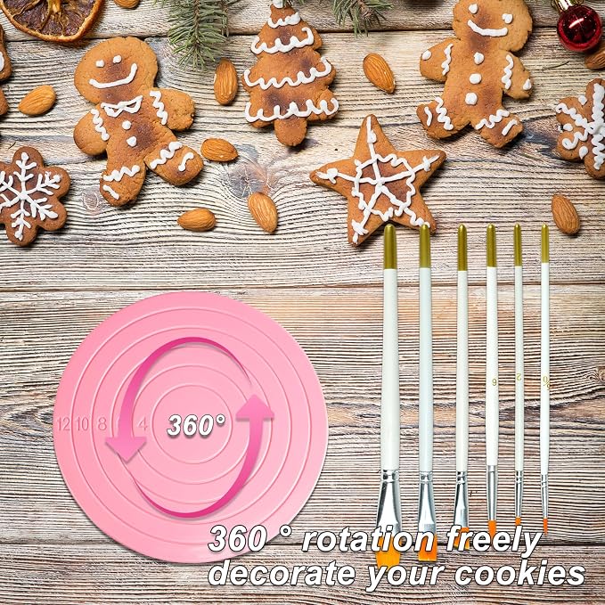 16 Pcs Cookie Decorating Kit Cookie Turntable Decorating Supplies with 2 Acrylic Turntable 6 Scribe Needle and 2 Silicone Mesh Mats 6 Decoration Brushes