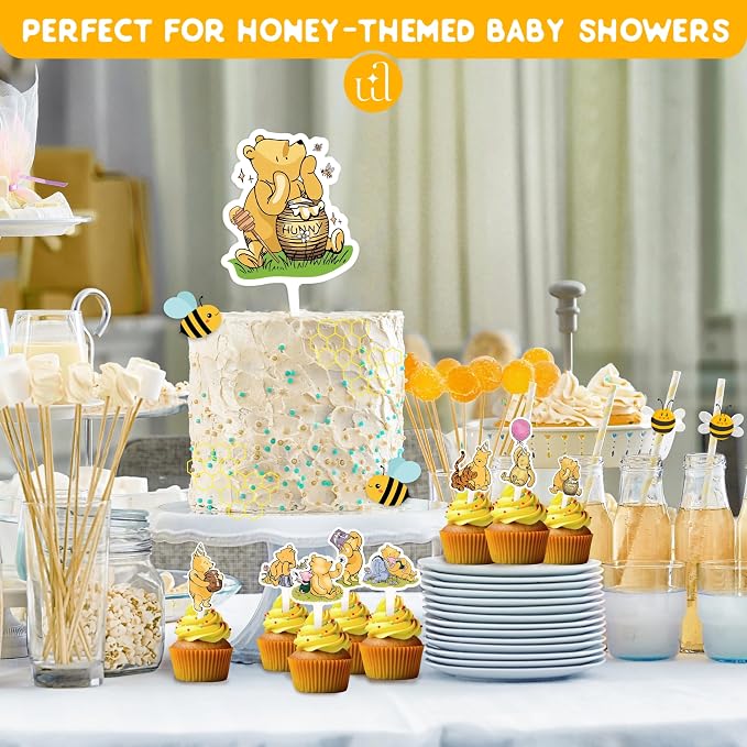 Woodamore Pooh Cupcake Toppers Birthday Decorations - Pooh Bear Baby Shower Cupcake Toppers, Cup Cake Topper For Pooh Baby Shower Decorations Ideas