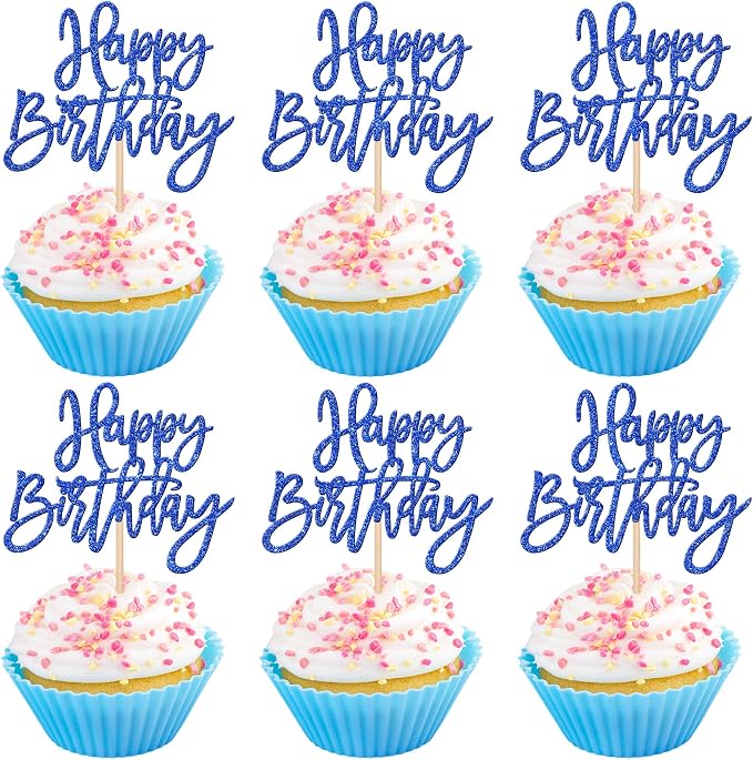 24 PCS Happy Birthday Cupcake Toppers Glitter Picks for Celebrating Anniversary Theme Party Cake Decorations Supplies Dark Blue