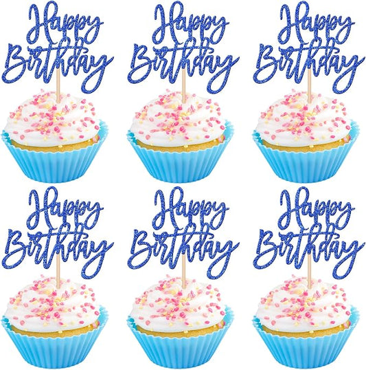 24 PCS Happy Birthday Cupcake Toppers Glitter Picks for Celebrating Anniversary Theme Party Cake Decorations Supplies Dark Blue