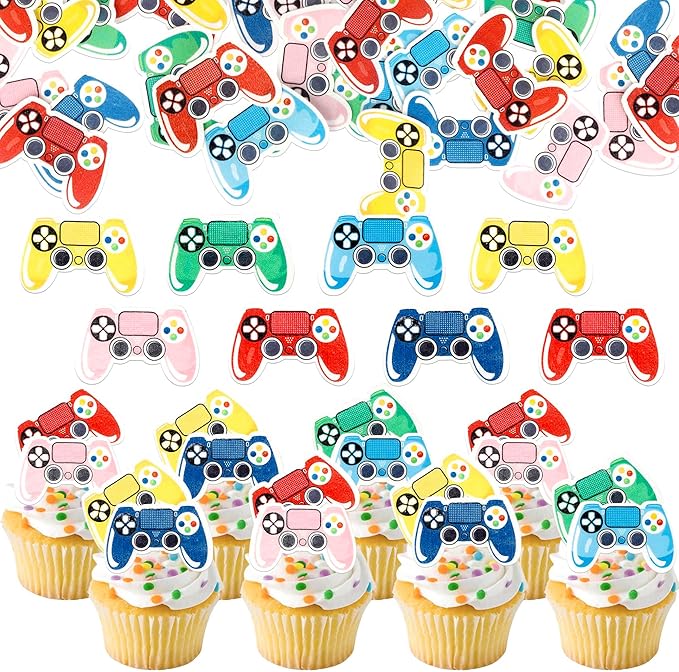 64 PCS Edible Video Game Controllers Cupcake Toppers Game On Controllers Cupcake Picks Edible GamePad Cupcake Decorations for Baby Shower Kids Boys Girls Gamer Birthday Party Cake Decorations Supplies