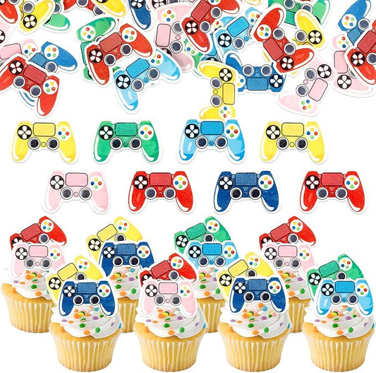 64 PCS Edible Video Game Controllers Cupcake Toppers Game On Controllers Cupcake Picks Edible GamePad Cupcake Decorations for Baby Shower Kids Boys Girls Gamer Birthday Party Cake Decorations Supplies