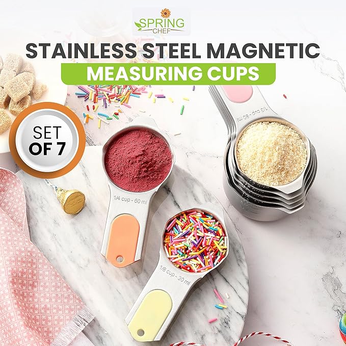 Spring Chef Stainless Steel Magnetic Measuring Cups, Set of 7 & Heavy Duty Magnetic Measuring Spoons, Set of 8 with Leveler - for Dry and Liquid Ingredients - 2 Product Bundle - Pastel