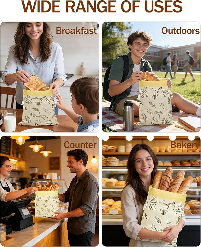 Reusable Lorine Beeswax Bread Bags For Homemade Bread & Sourdough Bread - 2 Packs 17x12 inch Organic Cotton Linen Bread Bag, Eco-Friendly Freshness Lock with Secure Buckle & Roll-Top Handle