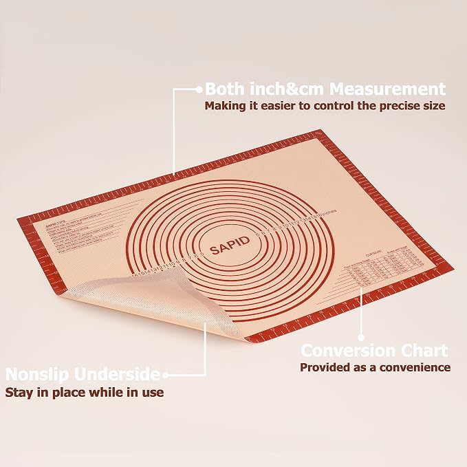 Sapid Extra Thick Silicone Pastry Mat Non-slip with Measurements for Non-stick Silicone Baking Mat Extra Large, Dough Rolling, Pie Crust, Kneading Mats, Countertop, Placement Mats (20" x 28", Red)