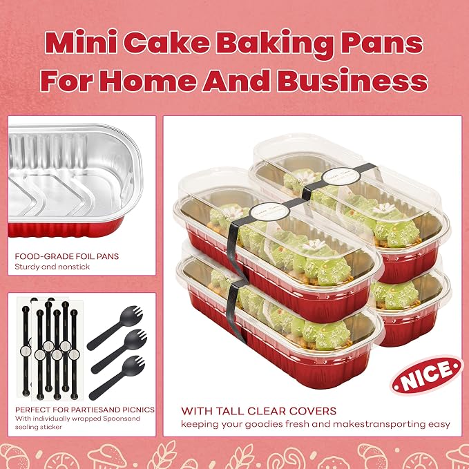 NPLUX Mini Loaf Pans with Lids and Spoons Rectangular Aluminum Foil Baking Pans Mini Cheesecake Containers 6.8oz(60 Pack, Red)