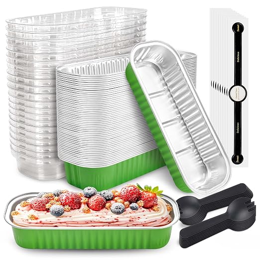 NPLUX 50 PACK Mini Cake Pans with Lids and Spoons, Rectangular Aluminum Foil Bread Pan, Mini Loaf Pans and Food Containers with Lids for Graduation Gifts Party Favors(Grass Green, 6.8oz)