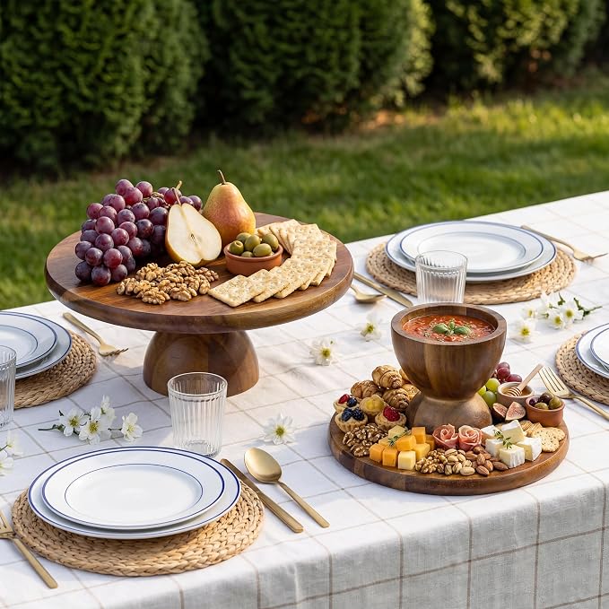 HBlife 3 PCS Acacia Wood Cake Stand Set (8"/10"/12" Plate), 2-in-1 Cake Holder and Charcuterie Board with Built-in Dip Bowl, Dessert Table Display Set, Decorative Tray for Home Decor