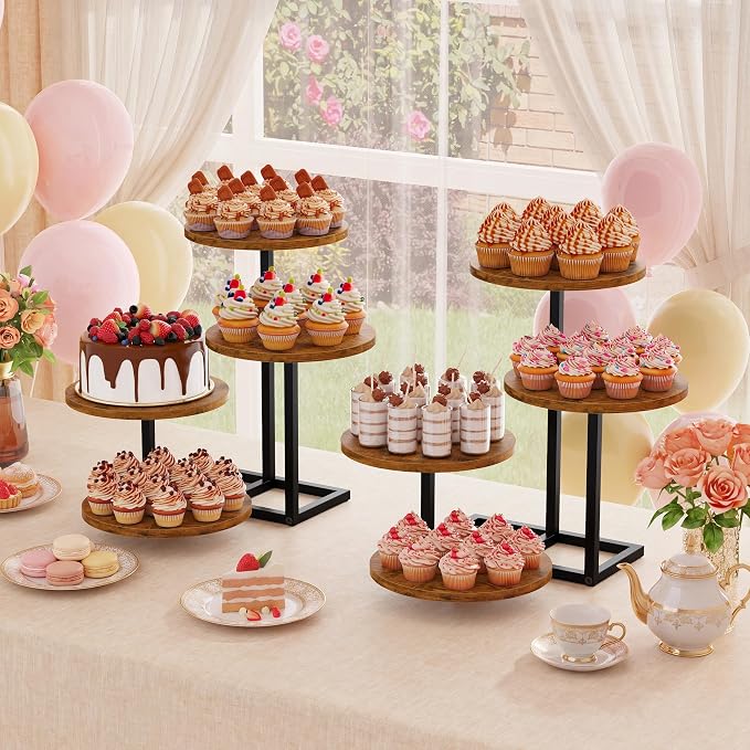 Emfogo 4 Tier Cupcake Tower Stand, Wood Round Dessert Table Display Set, Cup Cake Display Stands for Wedding Birthday Party Afternoon Tea Farmhouse Tiered Tray for Cake Cookie Food (2-Pack)