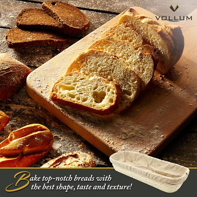 Vollum Banneton Bread Proofing Basket & Liner – Handmade Rustic Sourdough Bread Baking Supplies, Baguette Brotform, Sour Dough Tools, Gifts for Bakers - Rectangular - 17 x 4 x 2.5"H