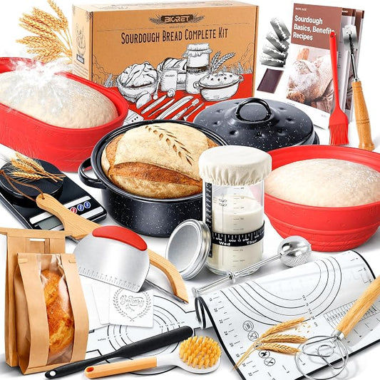 Sourdough Starter Kit for Beginners, 34 oz Starter Jar with Scale Marking, 2 Silicone Proofing Baskets, Complete Bread Baking Kit with Guide & Recipes, Easy to Use & Clean - Red