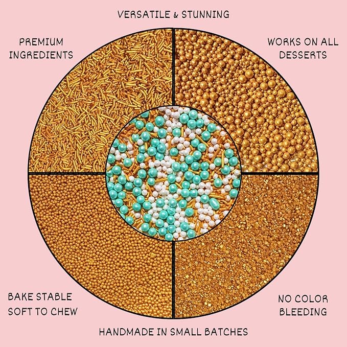 Confect Celebration Sprinkles Mix – Yellow, Teal, Pearl Dragees, Champagne Gold Jimmies & Sparkling Sugar – Cake & Cupcake Decorating Sprinkles for Spring, Parties, and Baking Decor | Vegan, Gluten-Free, Nut-Free, Soy-Free, Dairy-Free, Palm Oil-Free - ...