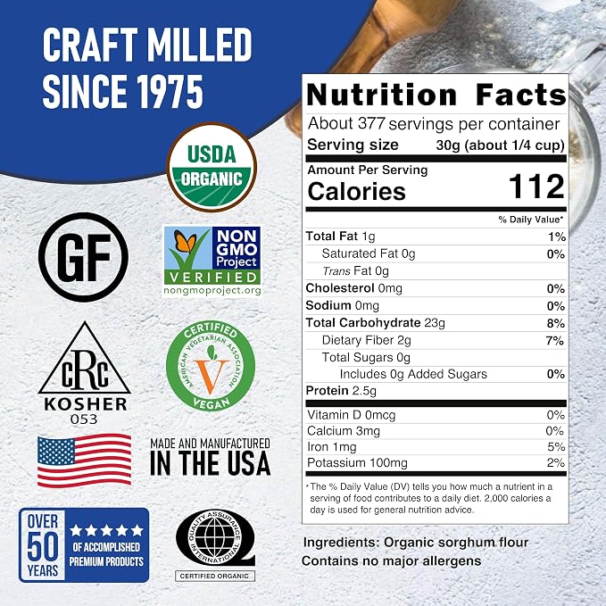 Great River Milling Organic Sorghum Flour | Whole Grain Gluten Free Flour | Non-GMO, Vegan & Kosher Certified | Milled for Smooth Texture | Ideal for Bulk Baking & Cooking, Pancakes & Batters | 25 Lb
