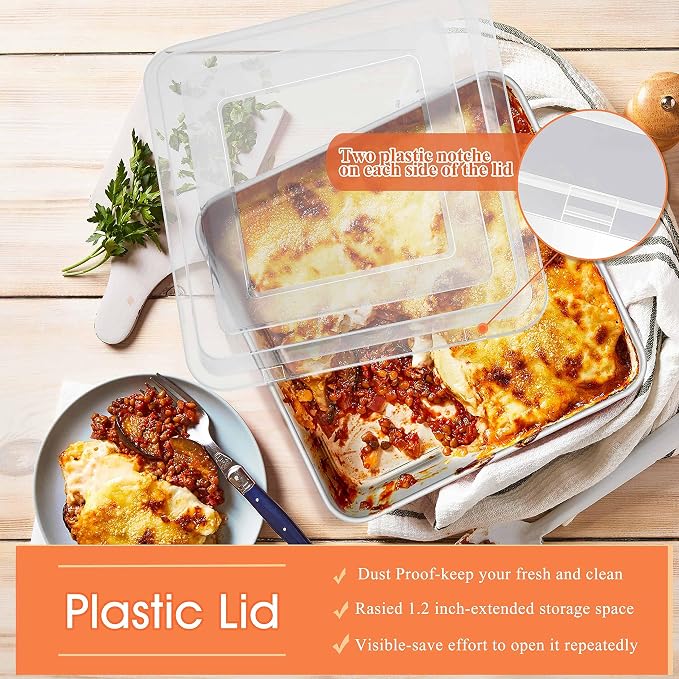 Herogo 8”x 8” Square Cake Pan Set (2 Pans + 2 Lids), Stainless Steel Square Baking Set, Cakes Brownie Lasagna Bakeware, Healthy & Dishwasher Safe