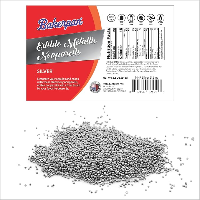 Bakerpan Edible Silver Nonpareils Sprinkles 5.1 oz - Silver Sprinkles for Cake Decorating, Cupcakes, Cookies, Birthdays & Weddings | Kosher, Gluten-Free, Made in USA