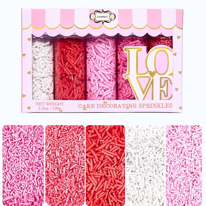 Confect Pink, Red, Blush Pink & White Jimmies Sprinkles Mix – Edible Baking Decorations for Cakes, Cupcakes, Cookies – Celebration & Birthday Sprinkles Set – Pack of 5 | Vegan, Gluten-Free, Nut-Free, Soy-Free, Dairy-Free , Handcrafted Sprinkle- 5 Oz