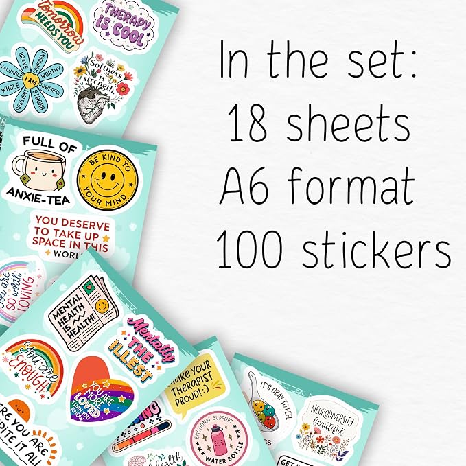 100Pcs Mental Health Stickers for Adults, for Water Bottle - Mental Health Awareness Gifts - Therapist, Counselor Stickers - Gift for Women & Men