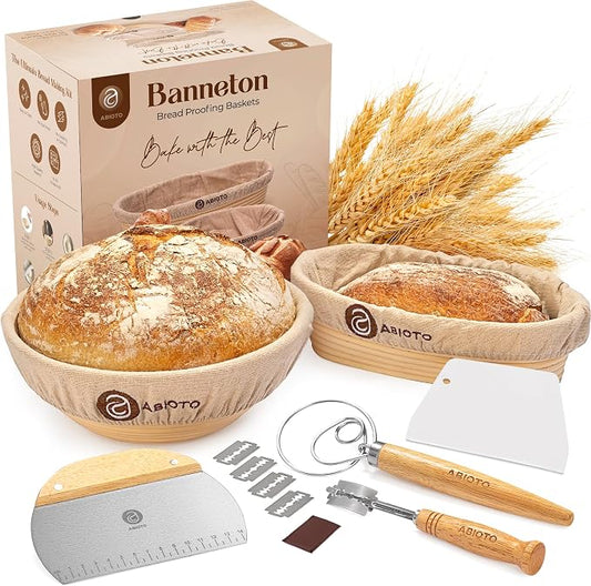 ABIOTO Sourdough Bread Baking Kit - 14-Piece Set with 10" Round & 11" Oval Rattan Banneton Proofing Baskets, Liners, Bread Lame, Danish Whisk & Scrapers for Home Bakers