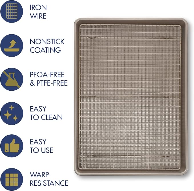 Ultra Cuisine Wire Rack Baking Sheet Pan Set - Half Sheet Pan Set with 100% Stainless Wire Rack - Dishwasher Safe - Steel Reinforced Rim - Aluminum Cooling racks for Cooking and Baking - Champagne