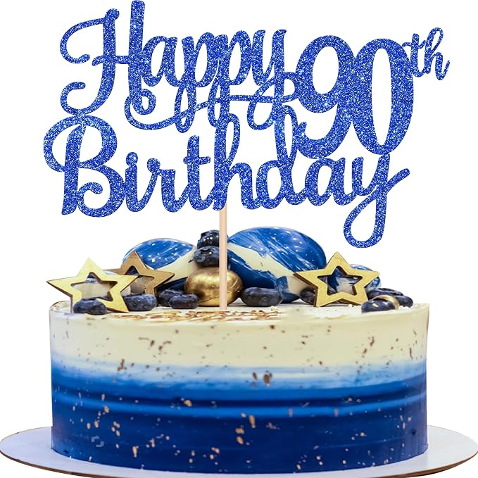 1 PCS Happy 90th Birthday Cake Topper Glitter Cheers to 90 Years Birthday Cake Pick Ninety 90 Fabulous Cake Decoration for Happy 90th Birthday Theme Party Decorations Supplies Blue