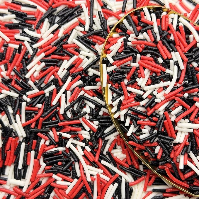 CandiJumpin Red White and Black Jimmy Sprinkles, Halloween Sprinkles for Cake Decorating Edible Crunchy Jimmies Ice Cream Toppings, Baby Shower Party Wedding Christmas Supplies 3 OZ