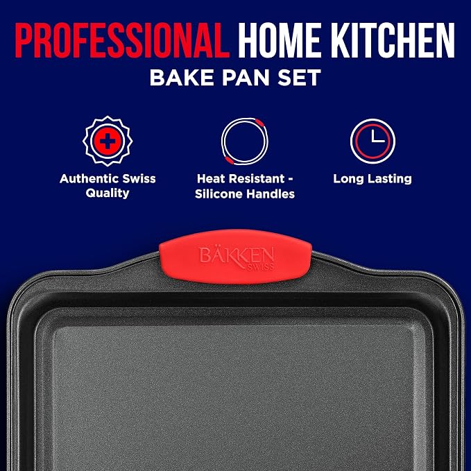 Nonstick Cookie Sheet Pan Carbon Steel Oven Tray Sheet Pan with Red Silicone Handles -Medium Bakeware Pan Tray with Gray Coating Inside & Outside
