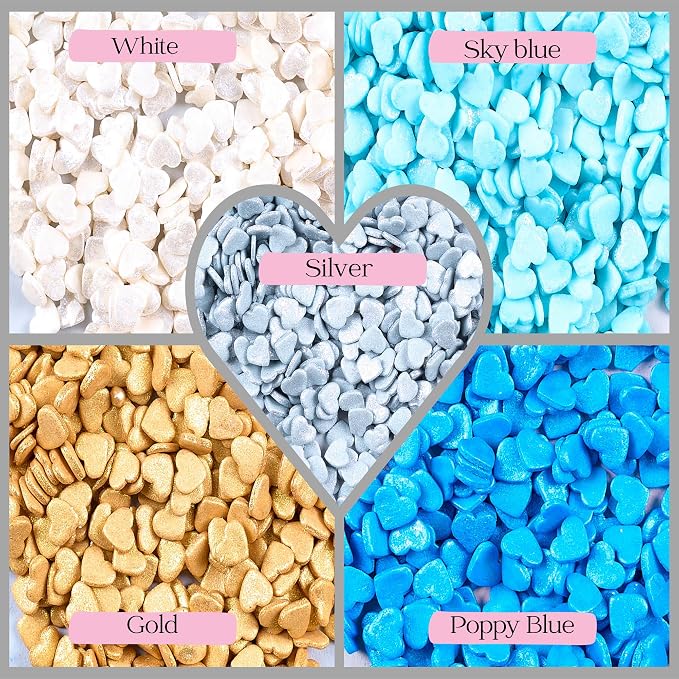 Confect Sprinkle- Blue, Gold, White & Silver Edible Sprinkle Mix | Pack of 5 for Cakes, Cookies, Cupcakes & Baking Decor |Frozen-Themed Heart Sprinkles | Birthday & Party Toppings | Vegan, Gluten-Free – 5 Oz