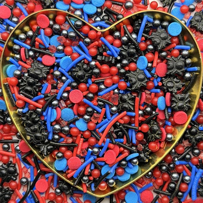 CandiJumpin Edible Spider Sprinkles, Spiderman Sprinkle Edible Pearls and Jimmies Mix Black Blue and Red Sprinkles Crunchy Jimmies Edible Pearls for Cake Decorating Pearl Decoration for Baking Baby Shower Party Birthday Halloween Christmas Supplies 3 OZ