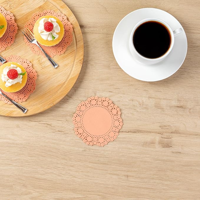 Pastry Tek 4 x 4 Inch Paper Lace Doilies, 4000 Disposable Table Doilies - Elegant Lace Finish, Long Lasting, Coral Paper Doily, for Pastries, Cupcakes, Desserts - Restaurantware